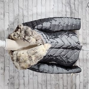 Bebe Rabbit Fur Trimmed Silver Puffer Jacket Coat